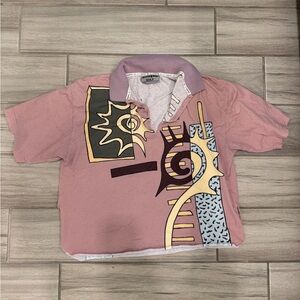 Vintage 90s IXSPA Abstract Print Polo Shirt Retro Pink Y2K